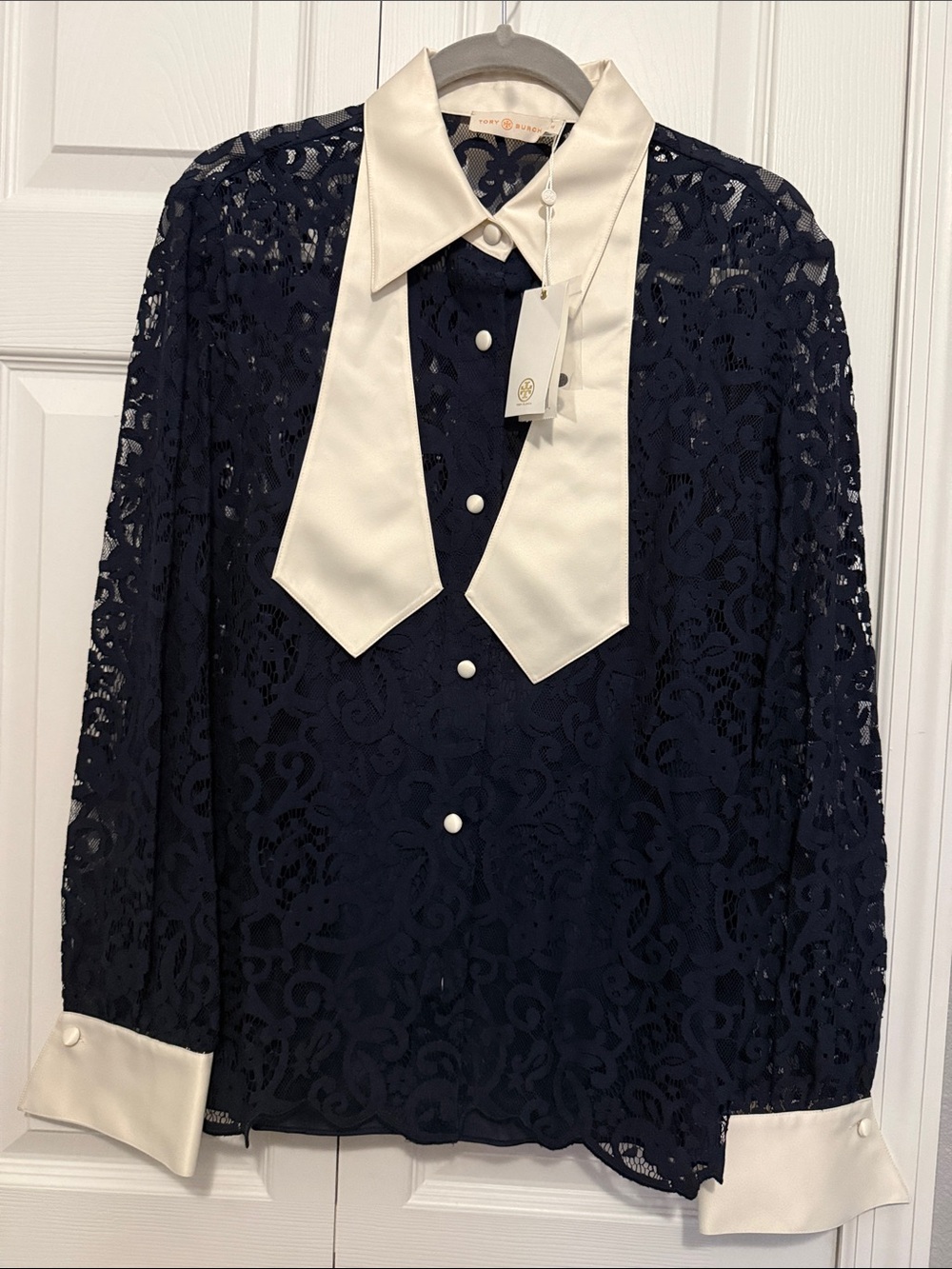Navy Lace Blouse with Cream Satin Collar and Cuffs with inside camisole.